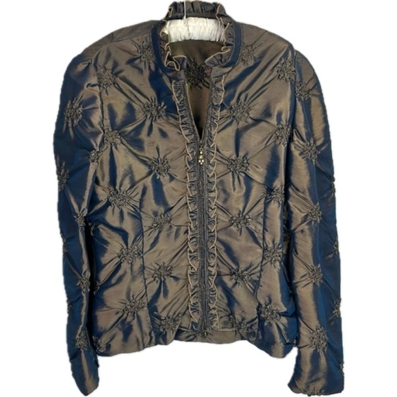 Luxury Joseph Ribkoff Iridescent Bronze Floral Ruffle Lightweight Jacket - Picture 1 of 8